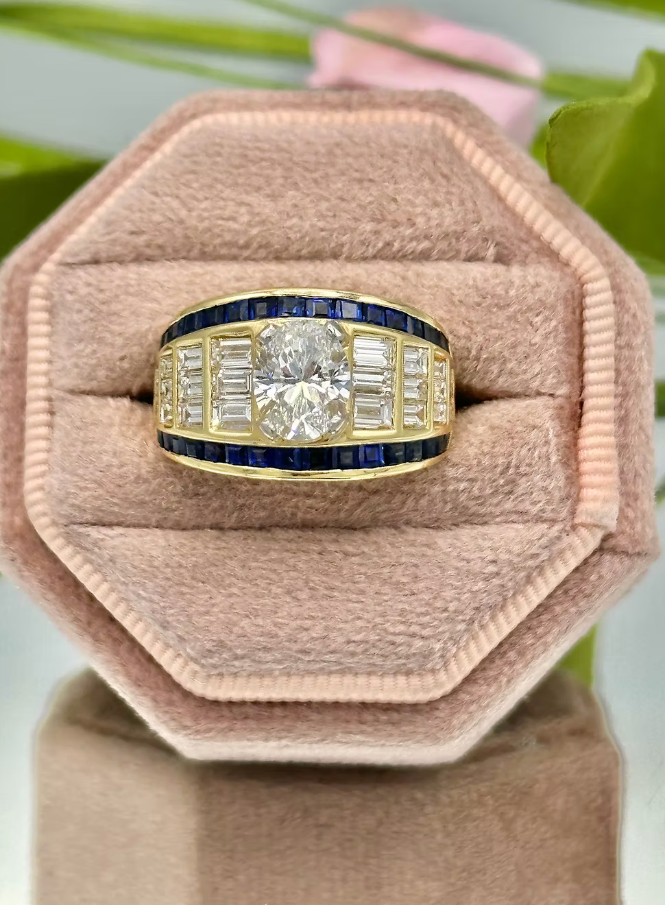 18K Yellow Gold 1.5 Ct oval Dia GIA cert. 1.80 ctw Dia 1.61 ctw Sapphire Ring 55